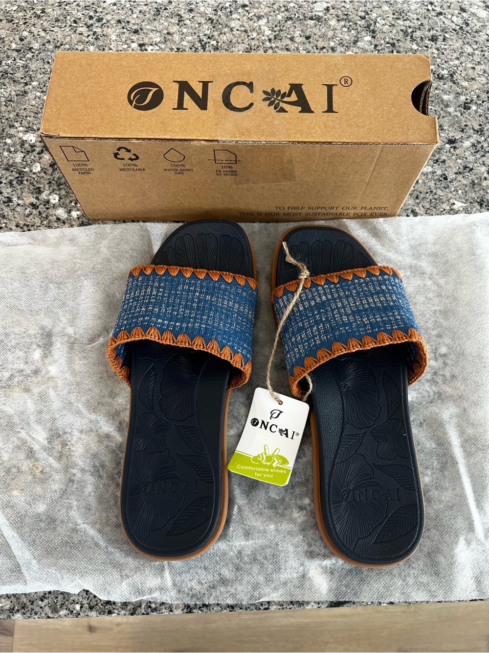 Oncai Women’s Blue Denim Slide Sandals with Brown Trim